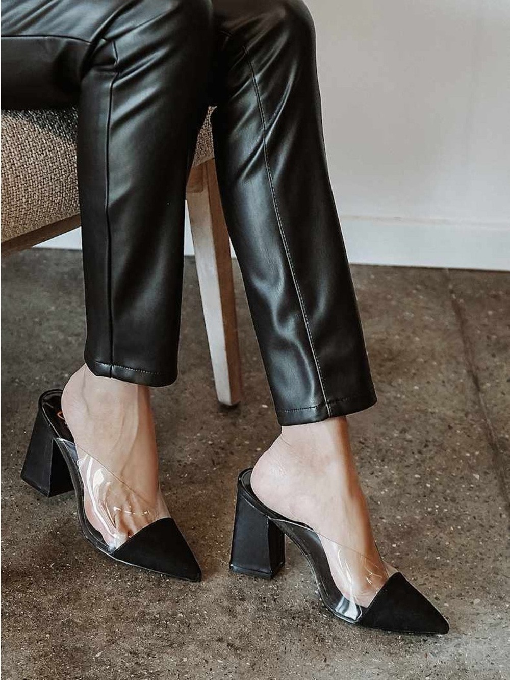 Lulu's Black Pointed Toe Clear Panel Block Heel Mules